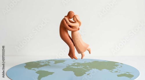 Stylized clay figures of a couple embracing while hovering above a flat world map, representing global connection, unity, and harmonious love across international borders in a wide format.