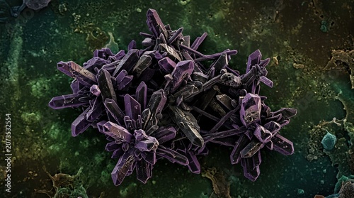 Stunning microscopic view of purple crystalline structures, a high magnification cinematic banner displaying geological minerals and organic chemistry textures for scientific research and education.