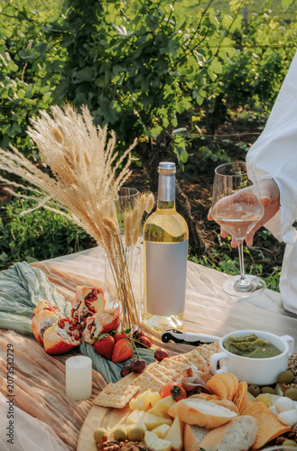 Summer picnic with bottle of white wine, cheese plate and fresh fruits an outdoor in a vineyard celebration. Winery, wine production, lifestyle