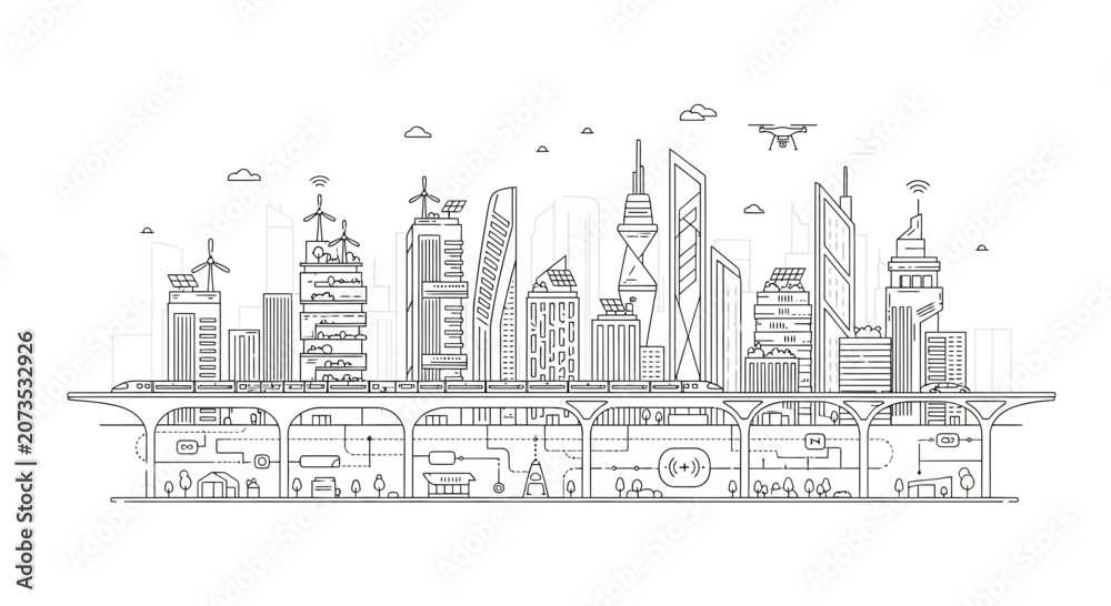 Fototapeta premium A detailed line art illustration of a futuristic smart city skyline with underground infrastructure.