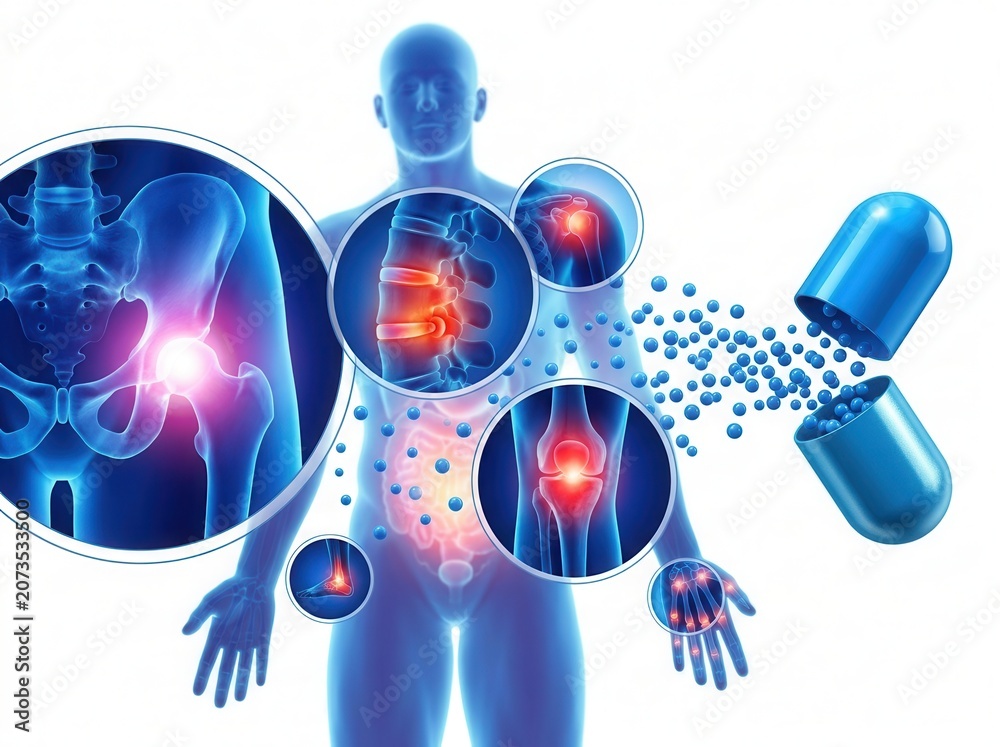 Fototapeta premium Human skeletal system anatomy with joint pain highlighted during pharmaceutical treatment concept