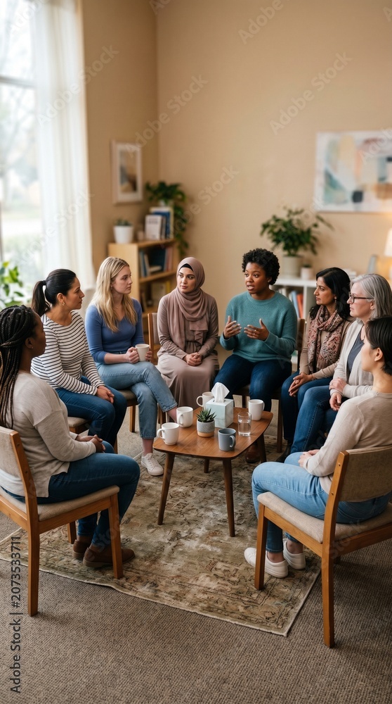 Obraz premium Diverse group of women sitting in a circle for group therapy