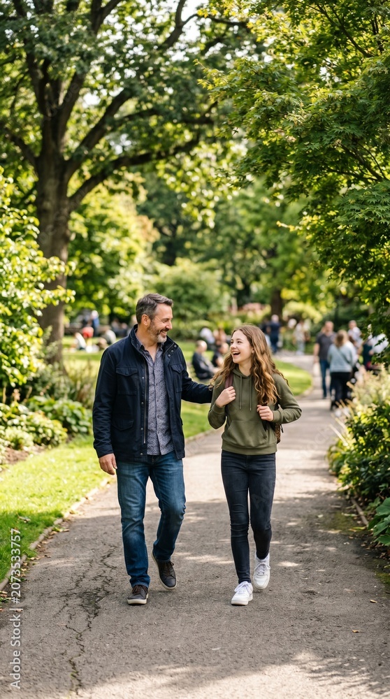 Obraz premium Father and daughter walking in a sunny park on a path