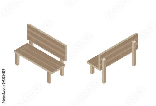 Isometric illustration set of wooden park bench objects with different angles