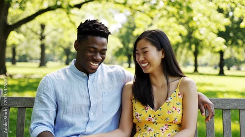 Young multiethnic couple talking on park bench in sunshine