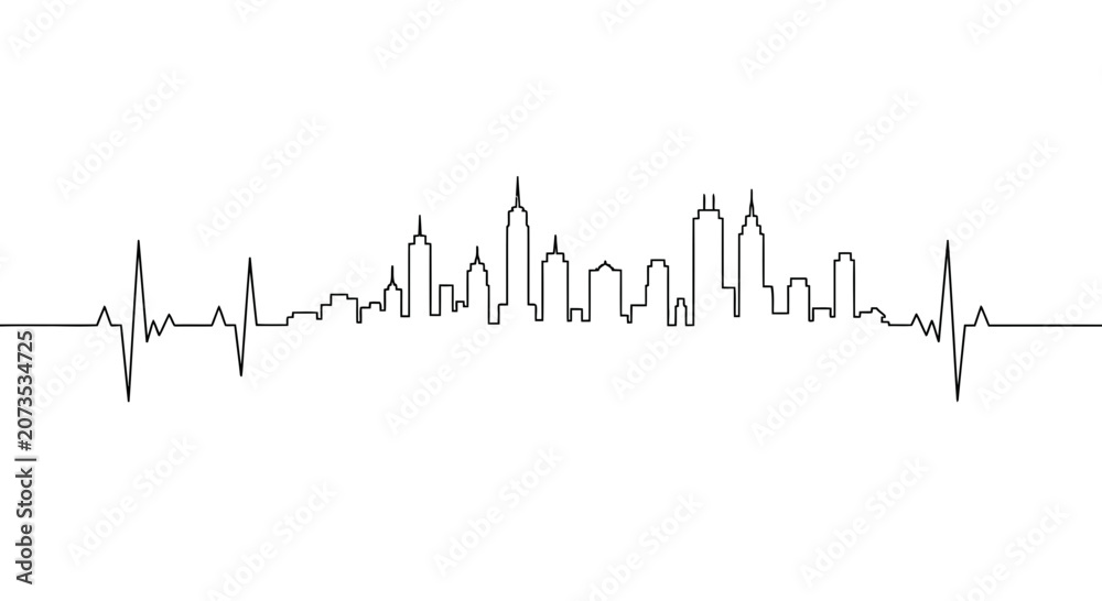 Obraz premium A continuous line drawing of a city skyline integrated into a heartbeat rhythm.