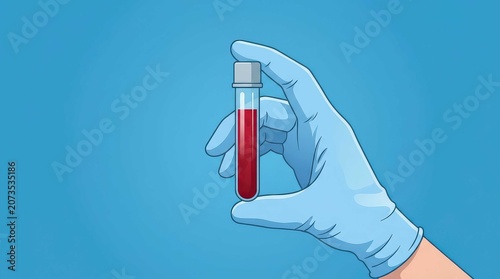 A hand wearing a blue medical glove holds a glass test tube filled with red liquid, representing professional healthcare diagnostic procedures and laboratory testing within a clinical widescreen setti