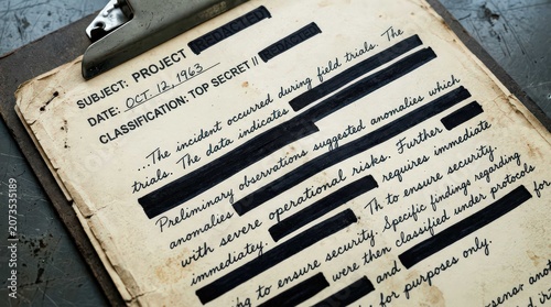 A weathered and antique document featuring heavily redacted sensitive text on a vintage clipboard, creating a cinematic wide frame that evokes a sense of historical mystery and espionage intrigue.