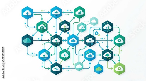 Abstract flat design illustration of interconnected cloud computing network system, featuring hexagonal data nodes and flowing digital connection lines for modern enterprise information technology.