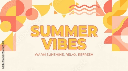 Summer Vibes Background Illustration with Warm Sunshine Tones and Geometric Shapes in a Widescreen Format, Ideal for Seasonal Holiday Promotions, Creative Social Media Banners and Travel Themes.