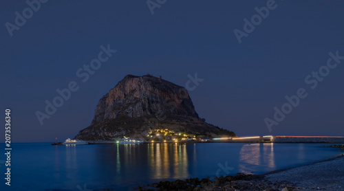 Panoramic Night View of the Historic Rock of Monemvasia seen from the opposite coast. Laconia, Peloponnese, Greece