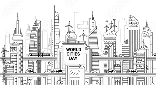 A detailed black and white line art illustration of a futuristic sustainable city skyline.