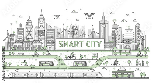 A detailed line art illustration of a futuristic smart city with modern infrastructure.
