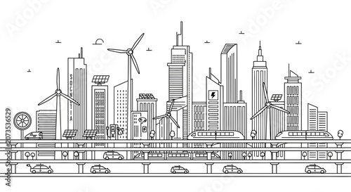 Line art illustration of a modern sustainable eco friendly city skyline.