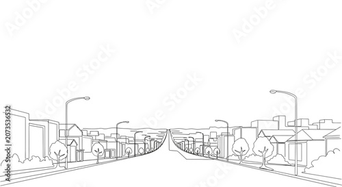 A simple line drawing of a suburban street scene with houses and streetlights.