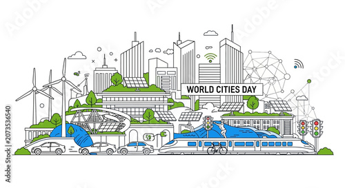 Line art illustration of a sustainable eco friendly smart city for World Cities Day.