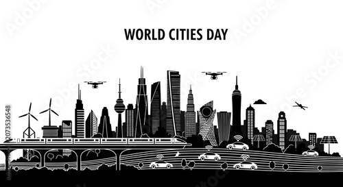 A detailed black and white silhouette illustration of a modern futuristic city skyline.