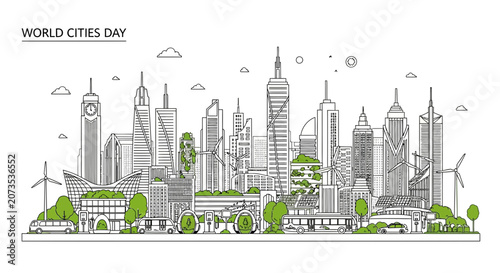 Line art illustration of a modern sustainable city skyline for World Cities Day.