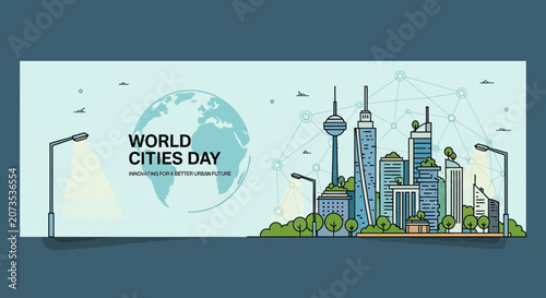 Illustration of a modern city skyline with a globe for World Cities Day.