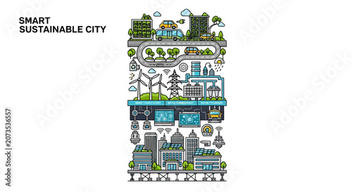 Hand drawn illustration of a smart sustainable city with green energy and modern infrastructure.