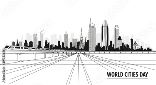 A detailed black and white sketch of a modern city skyline with a train on a bridge.