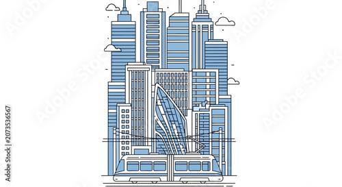 Modern city skyline illustration featuring a sleek tram moving through urban skyscrapers.