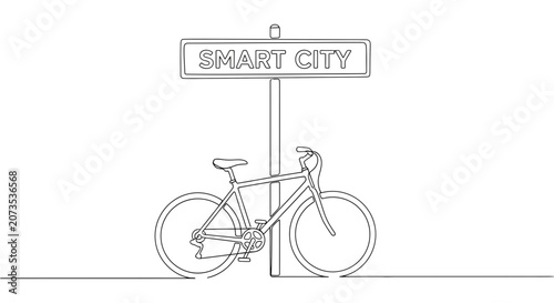 A continuous line drawing of a bicycle parked next to a smart city sign.