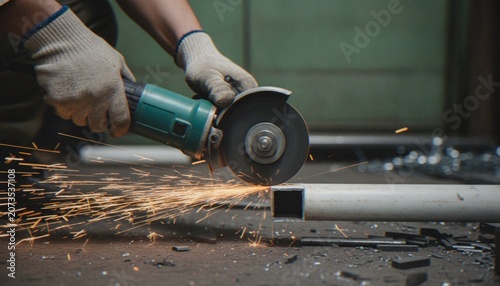 Photos A close-up shot of a person using an angle grinder to cut through a metal square tube in a workshop, producing bright sparks