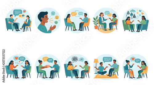 A set of illustrations depicting various scenarios of people engaged in conversations and therapy sessions in a colorful and modern style