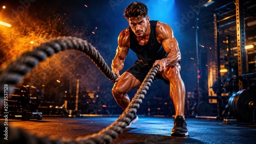 Male athlete slamming battle ropes in dark gym. Concept for CrossFit functional training, explosive strength, conditioning workout and fitness advertising.
