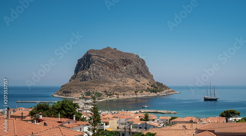 Panoramic View of the Historic Rock of Monemvasia seen from the opposite coast. Laconia, Peloponnese, Greece