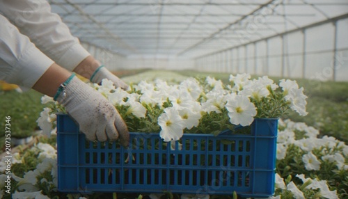 Canvas Print A gardener wearing gloves holding a blue crate filled with white petunia flowers inside a greenhouse