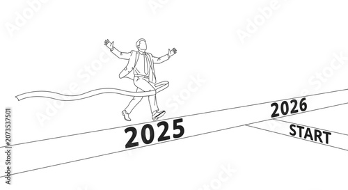 A line art illustration of a businessman crossing a finish line labeled 2025.