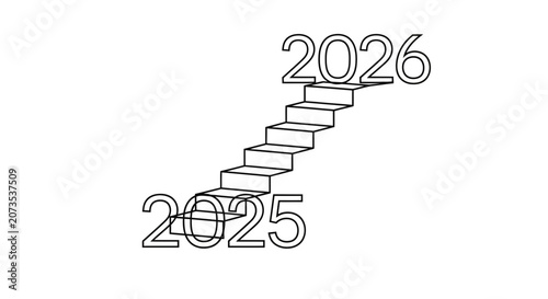A conceptual illustration showing a staircase connecting the years 2025 and 2026.