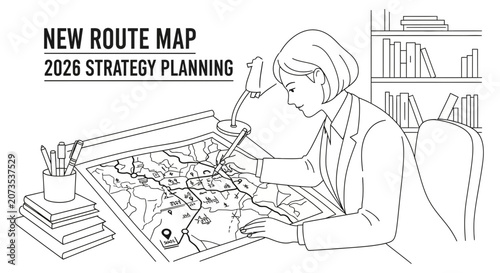 A professional woman meticulously planning a new route map for 2026 strategy.