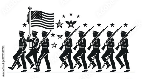 Slika na platnu Military Parade: Soldiers Marching with American Flag, Patriotic Symbols