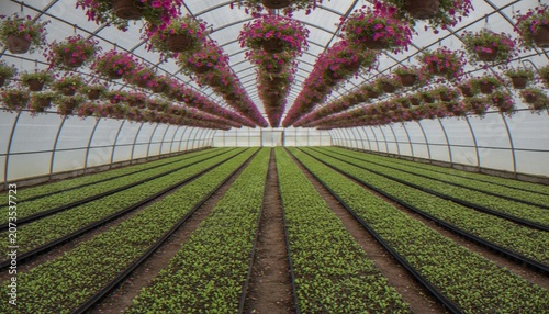Konstfotografi A wide-angle perspective view inside a large commercial greenhouse, featuring rows of young green plant seedlings on the floor and rows of vibrant pink hanging flower baskets above