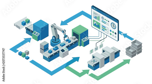 Automated Manufacturing Process Robotic Arm Conveyor Belt and Digital Dashboard for Industry 4 0 Innovation