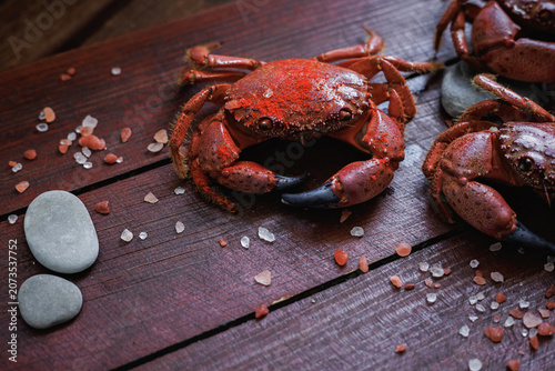 Cooked red crab with sea salt crystals and stones on wooden background, nutritious seafood meal rich in protein, clean eating and healthy diet concept