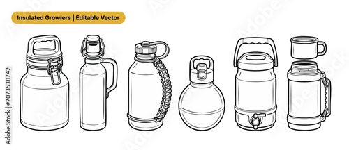 Fotografía insulated growler flask vector set featuring reusable metal bottles, sports water flasks, and camping thermoses in line art style for outdoor adventure design elements and product catalog graphics