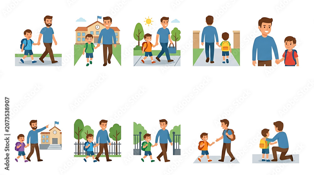 Fototapeta premium Set of illustrations of a father walking his son to school