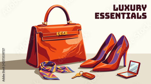 Elegant women's genuine leather handbag and high heel shoes set with luxury fashion accessories isolated vector illustration
