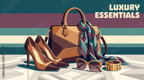 Elegant women's genuine leather handbag and high heel shoes set with luxury fashion accessories isolated vector illustration