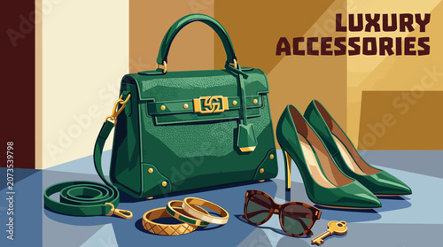 Elegant women's genuine leather handbag and high heel shoes set with luxury fashion accessories isolated vector illustration