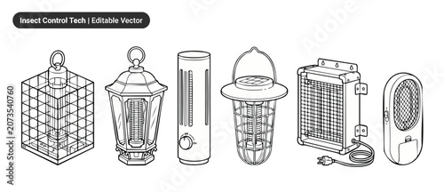 Cuadro en lienzo Insect control bug zapper vector line art icons set showing electric mosquito killer lamps, electronic pest trap devices, and fly repellent technology in clean outline illustration for graphic design