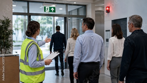 Female fire warden in a reflective vest guiding a group of office workers toward the exit during an emergency evacuation drill. Safety training and workplace protocol concept