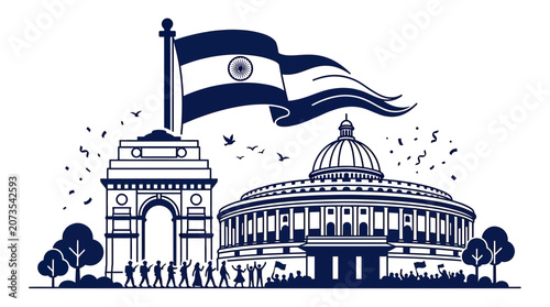 India's Parliament Building and India Gate with Waving Flag, Republic Day Celebration