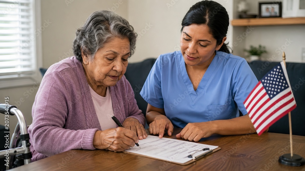 Obraz premium Senior woman filling out voting form with help from caregiver. Assistance for elderly voters in election process, highlighting accessibility and civic engagement in American home