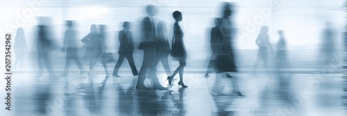 A blurred image depicts a group of people walking in a modern, brightly lit space.