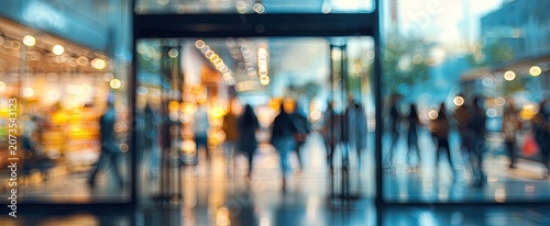 A blurred view through automatic doors reveals a bustling interior with shoppers and bright lights, creating a sense of urban activity.